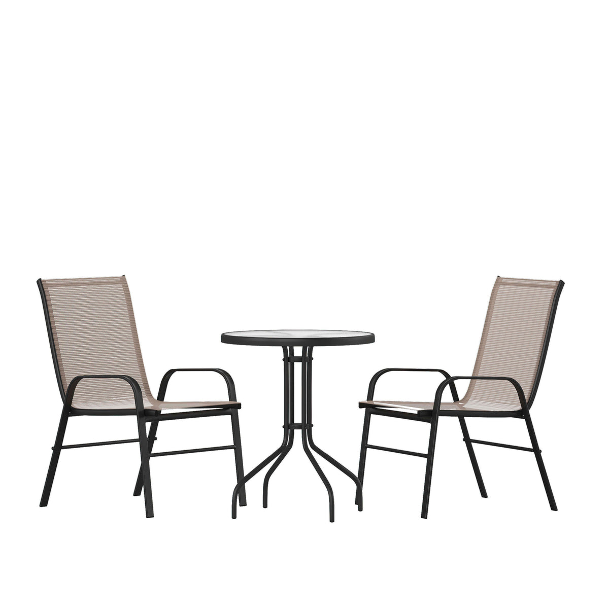 Flash Furniture TLH-0701303C-BN-GG 3 Piece Patio Dining Set - 23.75" Round Glass Table, 2 Brown Flex Stack Chairs - Main view