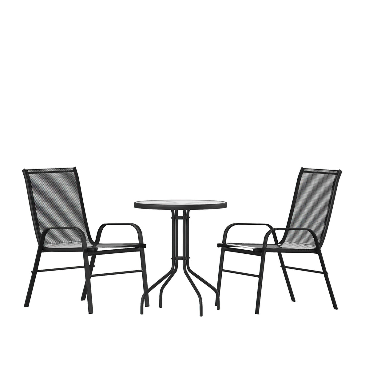 Flash Furniture TLH-0701303C-GG 3 Piece Patio Dining Set - 23.75" Round Glass Table, 2 Black Flex Stack Chairs - Main view