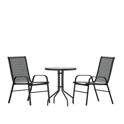 Flash Furniture TLH-0701303C-GG 3 Piece Patio Dining Set - 23.75" Round Glass Table, 2 Black Flex Stack Chairs - Main view