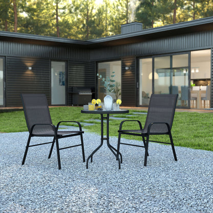 Flash Furniture TLH-0701303C-GG 3 Piece Patio Dining Set - 23.75" Round Glass Table, 2 Black Flex Stack Chairs - View 2