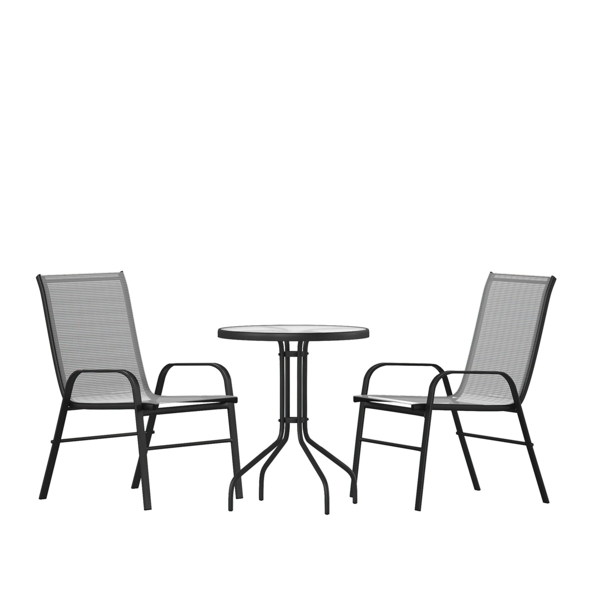 Flash Furniture TLH-0701303C-GY-GG 3 Piece Patio Dining Set - 23.75" Round Glass Table, 2 Gray Flex Stack Chairs - Main view