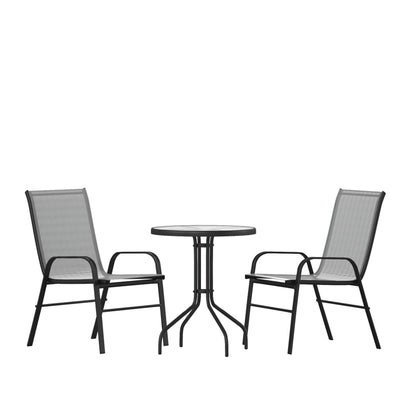 Flash Furniture TLH-0701303C-GY-GG 3 Piece Patio Dining Set - 23.75" Round Glass Table, 2 Gray Flex Stack Chairs - Main view