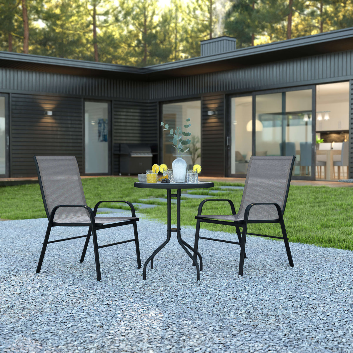 Flash Furniture TLH-0701303C-GY-GG 3 Piece Patio Dining Set - 23.75" Round Glass Table, 2 Gray Flex Stack Chairs - View 2