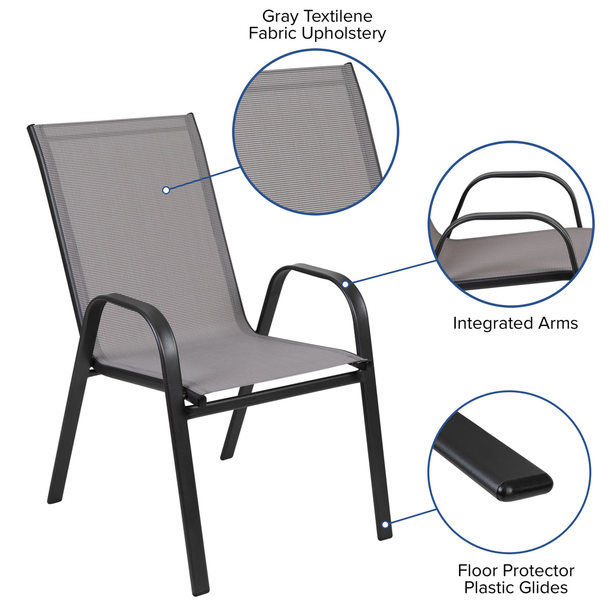 Flash Furniture TLH-0701303C-GY-GG 3 Piece Patio Dining Set - 23.75" Round Glass Table, 2 Gray Flex Stack Chairs - View 4