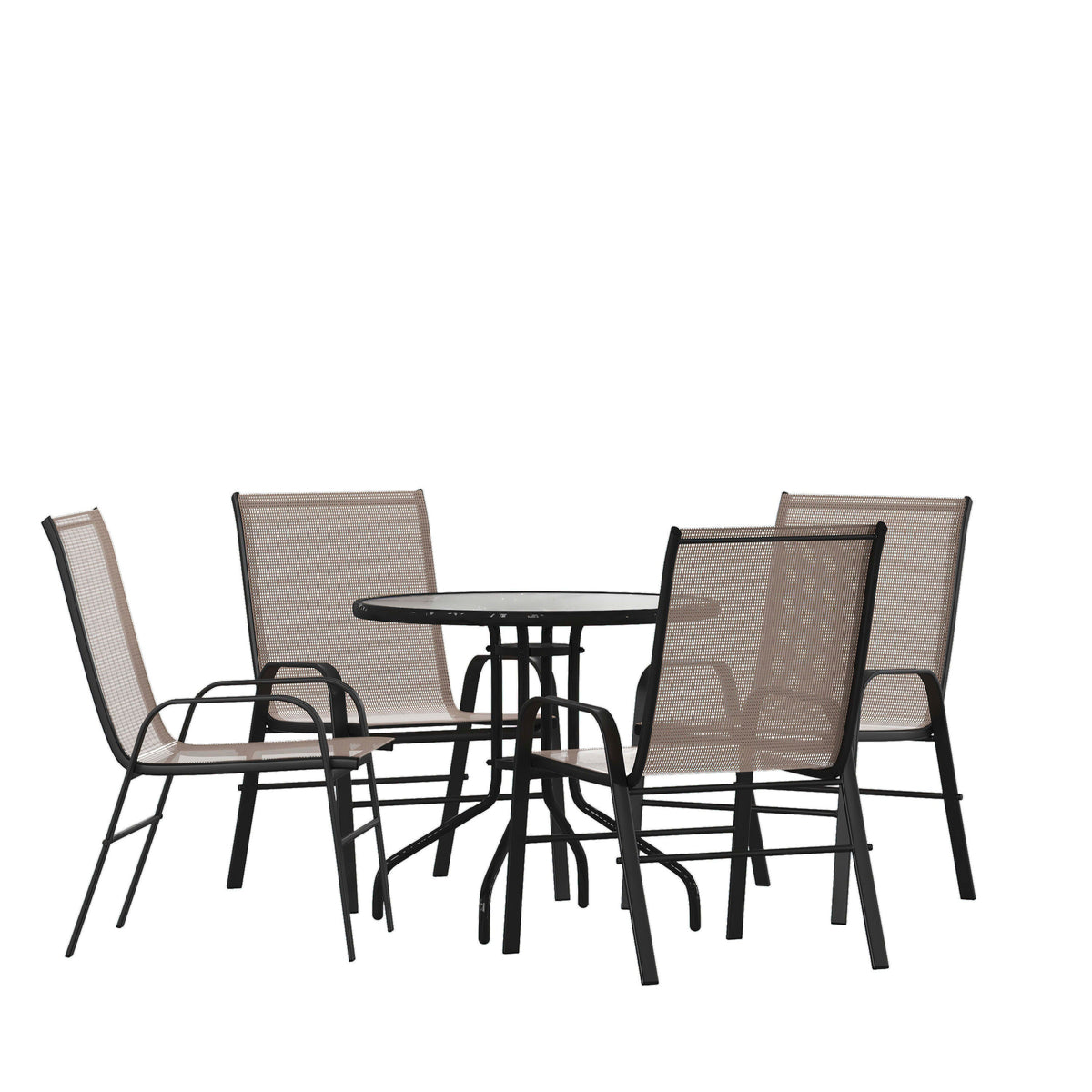 Flash Furniture TLH-0702303C-BN-GG 5 Piece Patio Dining Set - 31.5" Round Glass Table, 4 Brown Flex Stack Chairs - Main view