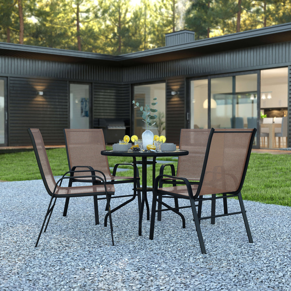 Flash Furniture TLH-0702303C-BN-GG 5 Piece Patio Dining Set - 31.5" Round Glass Table, 4 Brown Flex Stack Chairs - View 2