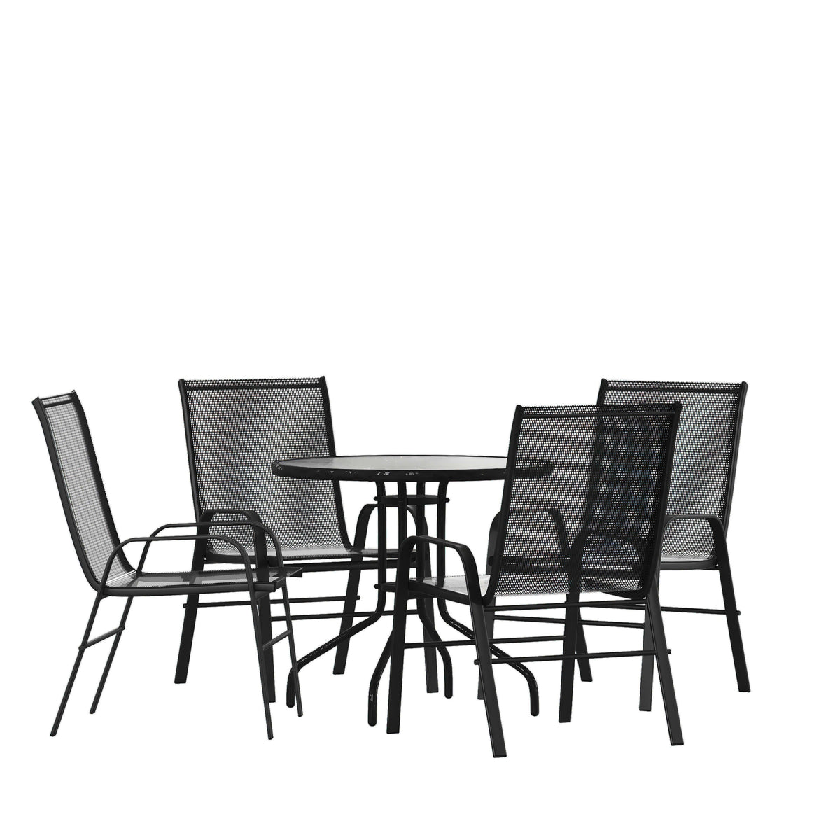 Flash Furniture TLH-0702303C-GG 5 Piece Patio Dining Set - 31.5" Round Glass Table, 4 Black Flex Stack Chairs - Main view