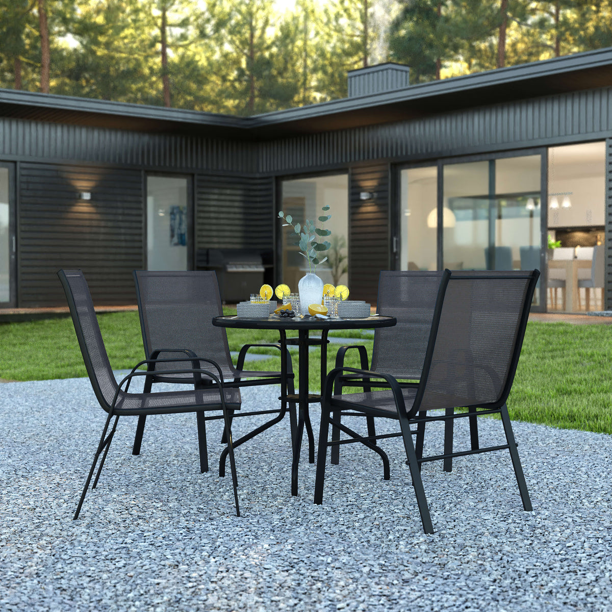 Flash Furniture TLH-0702303C-GG 5 Piece Patio Dining Set - 31.5" Round Glass Table, 4 Black Flex Stack Chairs - View 2