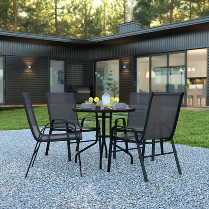 Flash Furniture TLH-0702303C-GG 5 Piece Patio Dining Set - 31.5" Round Glass Table, 4 Black Flex Stack Chairs - View 2