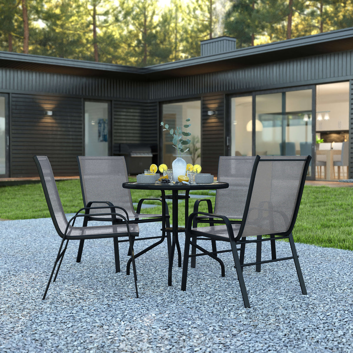 Flash Furniture TLH-0702303C-GY-GG 5 Piece Patio Dining Set - 31.5" Round Glass Table, 4 Gray Flex Stack Chairs - View 2