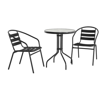 Flash Furniture TLH-071RD-017CBK2-GG 23.75" Round Glass Metal Table with 2 Black Metal Aluminum Slat Stack Chairs - Main view