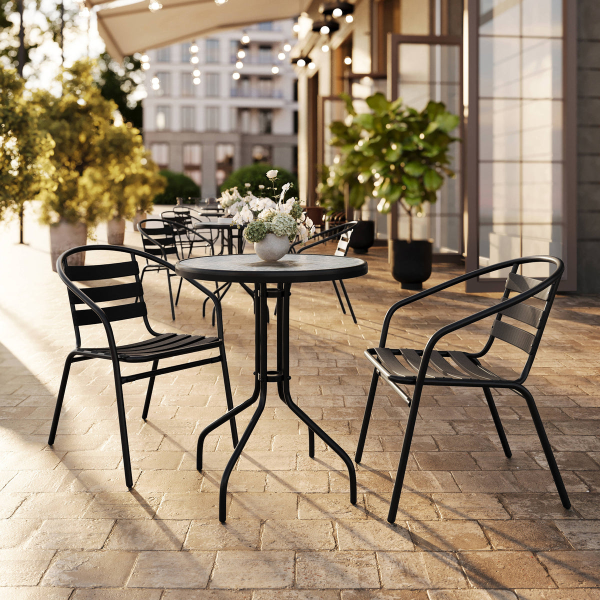 Flash Furniture TLH-071RD-017CBK2-GG 23.75" Round Glass Metal Table with 2 Black Metal Aluminum Slat Stack Chairs - View 2