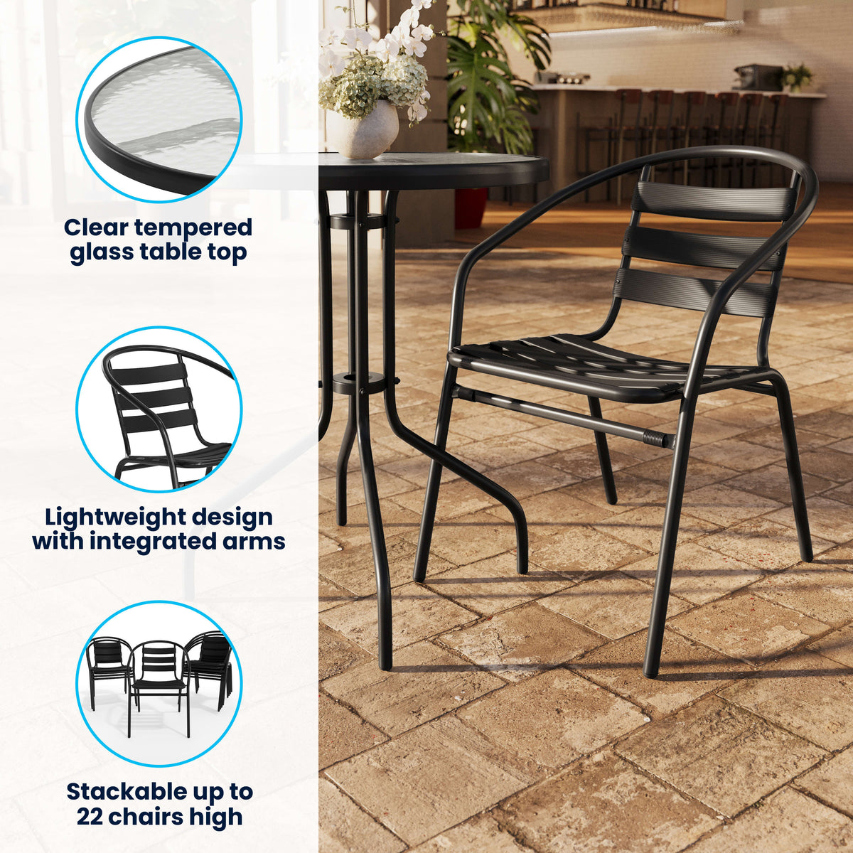 Flash Furniture TLH-071RD-017CBK2-GG 23.75" Round Glass Metal Table with 2 Black Metal Aluminum Slat Stack Chairs - View 3