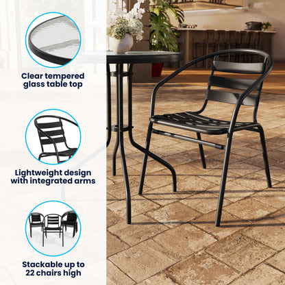 Flash Furniture TLH-071RD-017CBK2-GG 23.75" Round Glass Metal Table with 2 Black Metal Aluminum Slat Stack Chairs - View 3