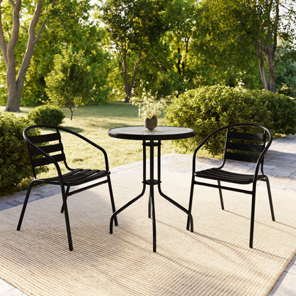 Flash Furniture TLH-071RD-017CBK2-GG 23.75" Round Glass Metal Table with 2 Black Metal Aluminum Slat Stack Chairs - View 8