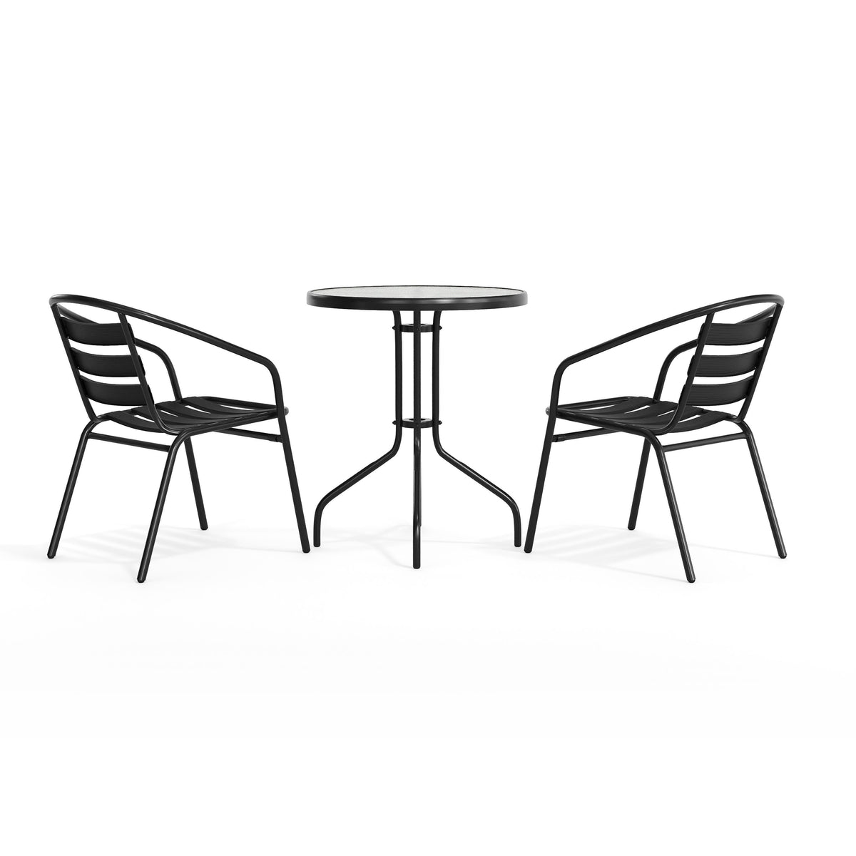 Flash Furniture TLH-071RD-017CBK2-GG 23.75" Round Glass Metal Table with 2 Black Metal Aluminum Slat Stack Chairs - View 9