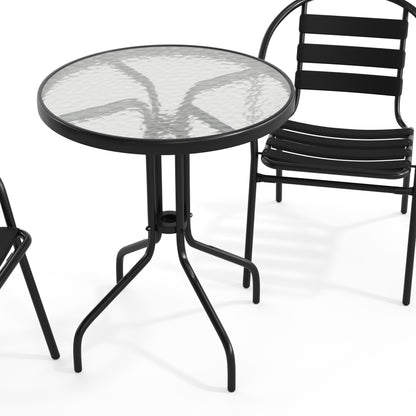 Flash Furniture TLH-071RD-017CBK2-GG 23.75" Round Glass Metal Table with 2 Black Metal Aluminum Slat Stack Chairs - View 10