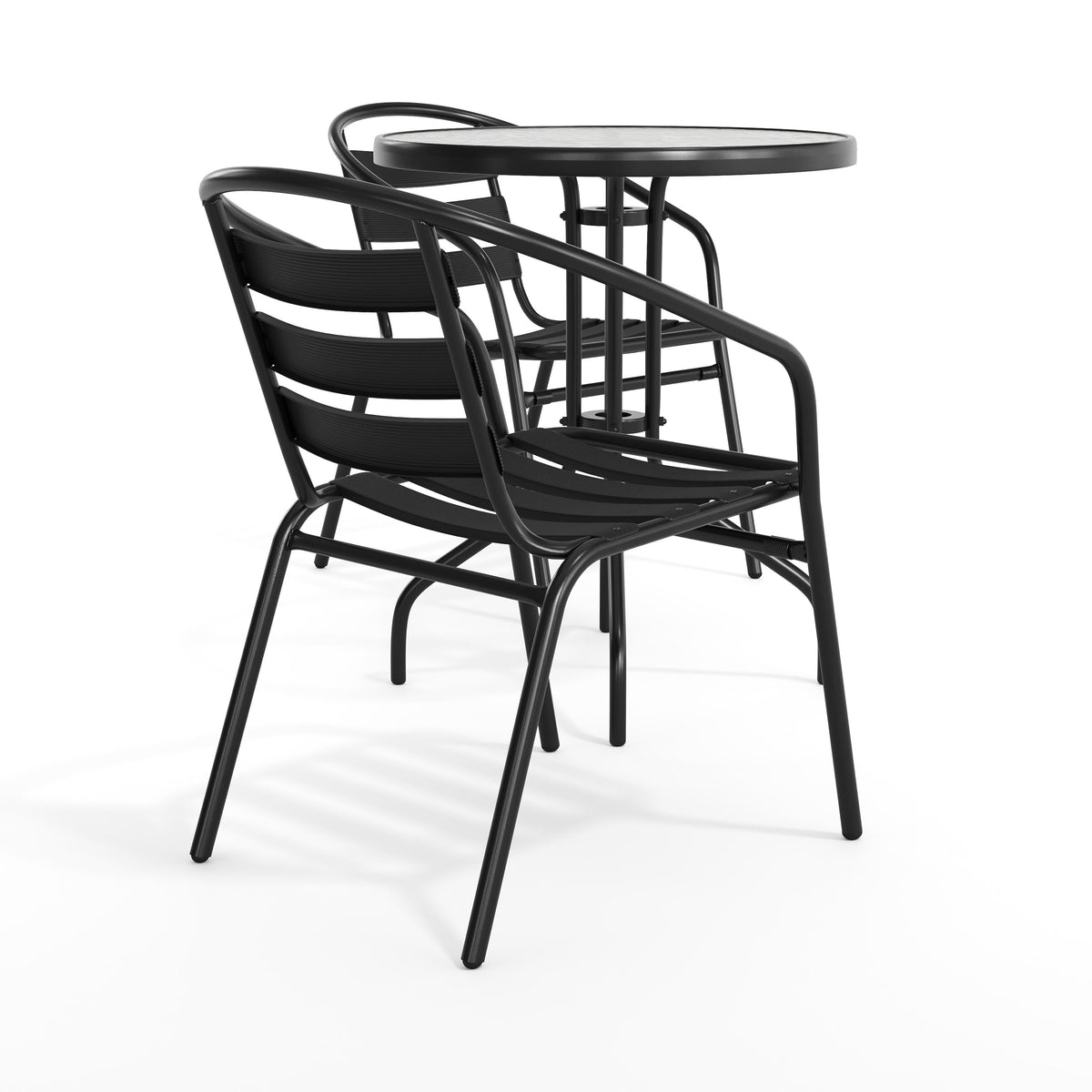 Flash Furniture TLH-071RD-017CBK2-GG 23.75" Round Glass Metal Table with 2 Black Metal Aluminum Slat Stack Chairs - View 11