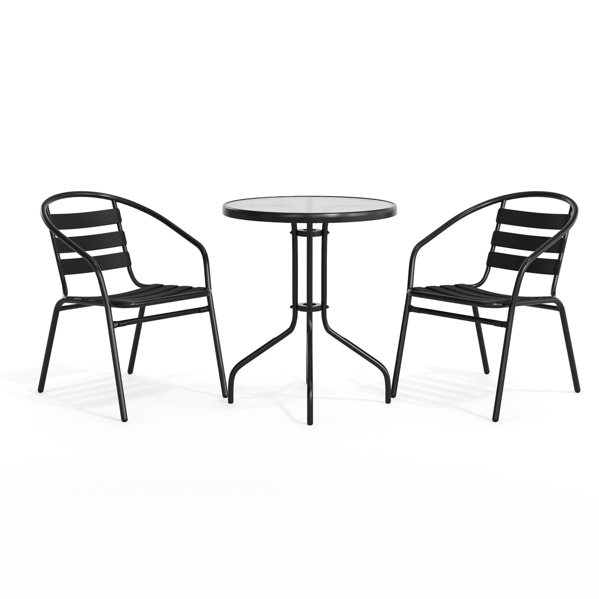 Flash Furniture TLH-071RD-017CBK2-GG 23.75" Round Glass Metal Table with 2 Black Metal Aluminum Slat Stack Chairs - View 12