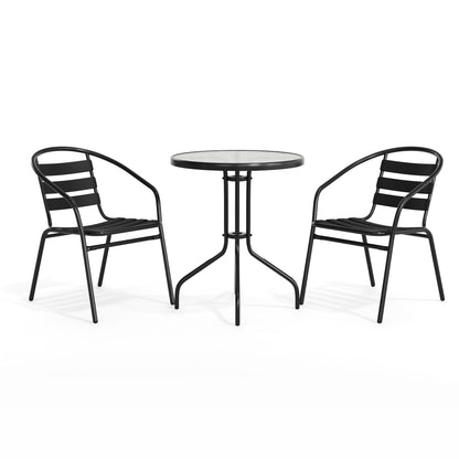 Flash Furniture TLH-071RD-017CBK2-GG 23.75" Round Glass Metal Table with 2 Black Metal Aluminum Slat Stack Chairs - View 12
