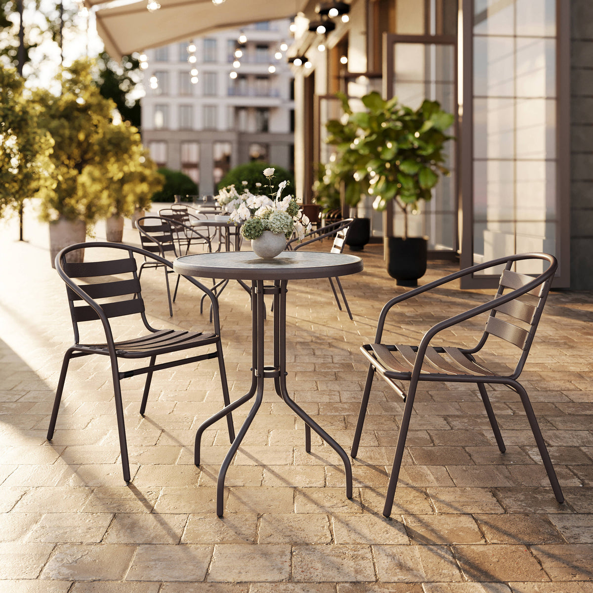 Flash Furniture TLH-071RD-017CBZ2-GG Modern 23.75" Round Glass Framed Glass Table with 2 Bronze Slat Back Chairs - View 2