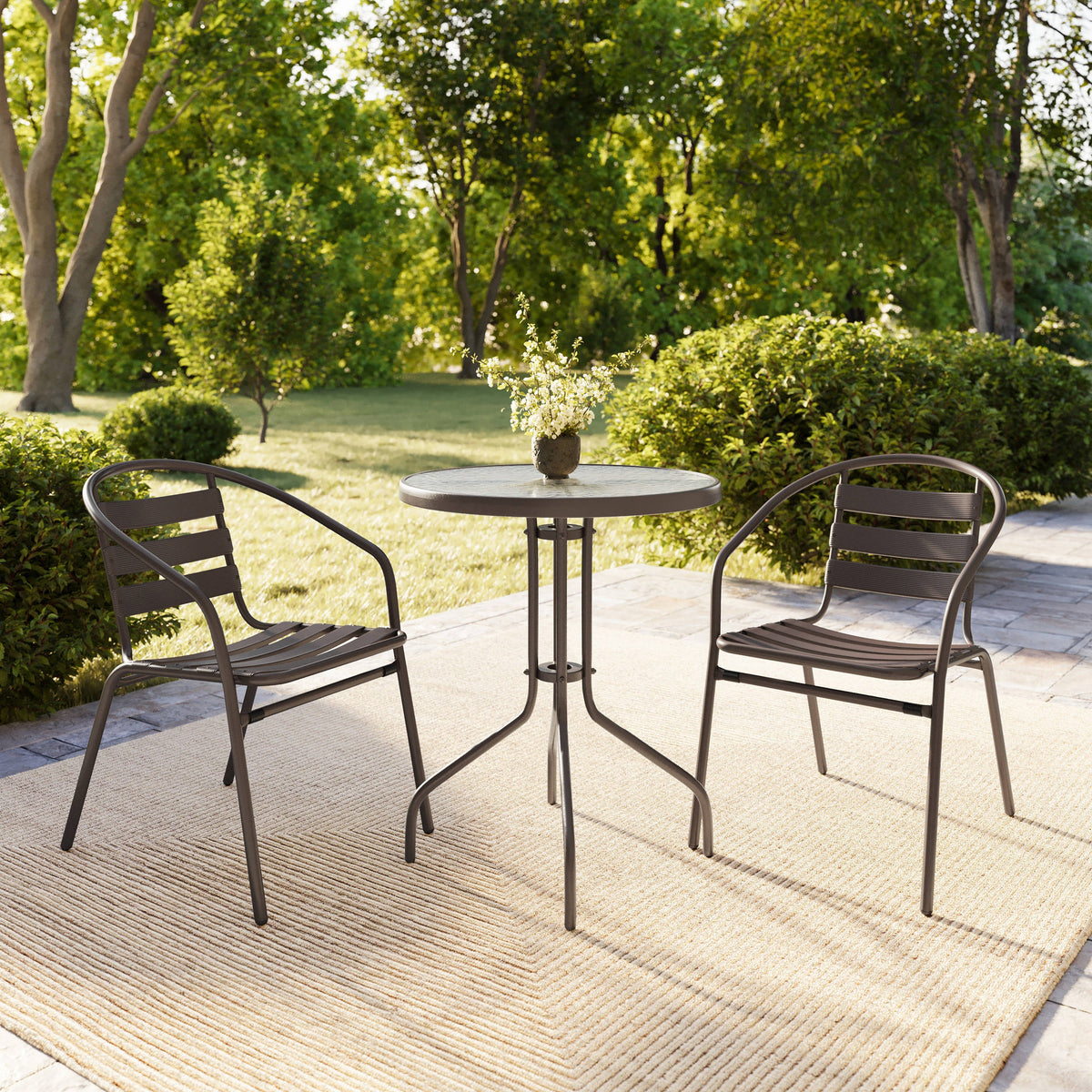 Flash Furniture TLH-071RD-017CBZ2-GG Modern 23.75" Round Glass Framed Glass Table with 2 Bronze Slat Back Chairs - View 8
