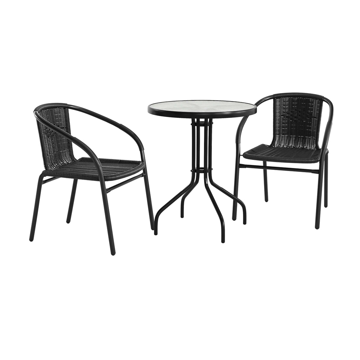 Flash Furniture TLH-071RD-037BK2-GG 23.75" Round Glass Metal Table with 2 Black Rattan Stack Chairs - Main view