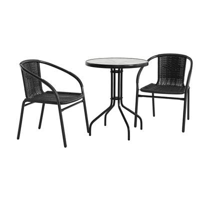 Flash Furniture TLH-071RD-037BK2-GG 23.75" Round Glass Metal Table with 2 Black Rattan Stack Chairs - Main view