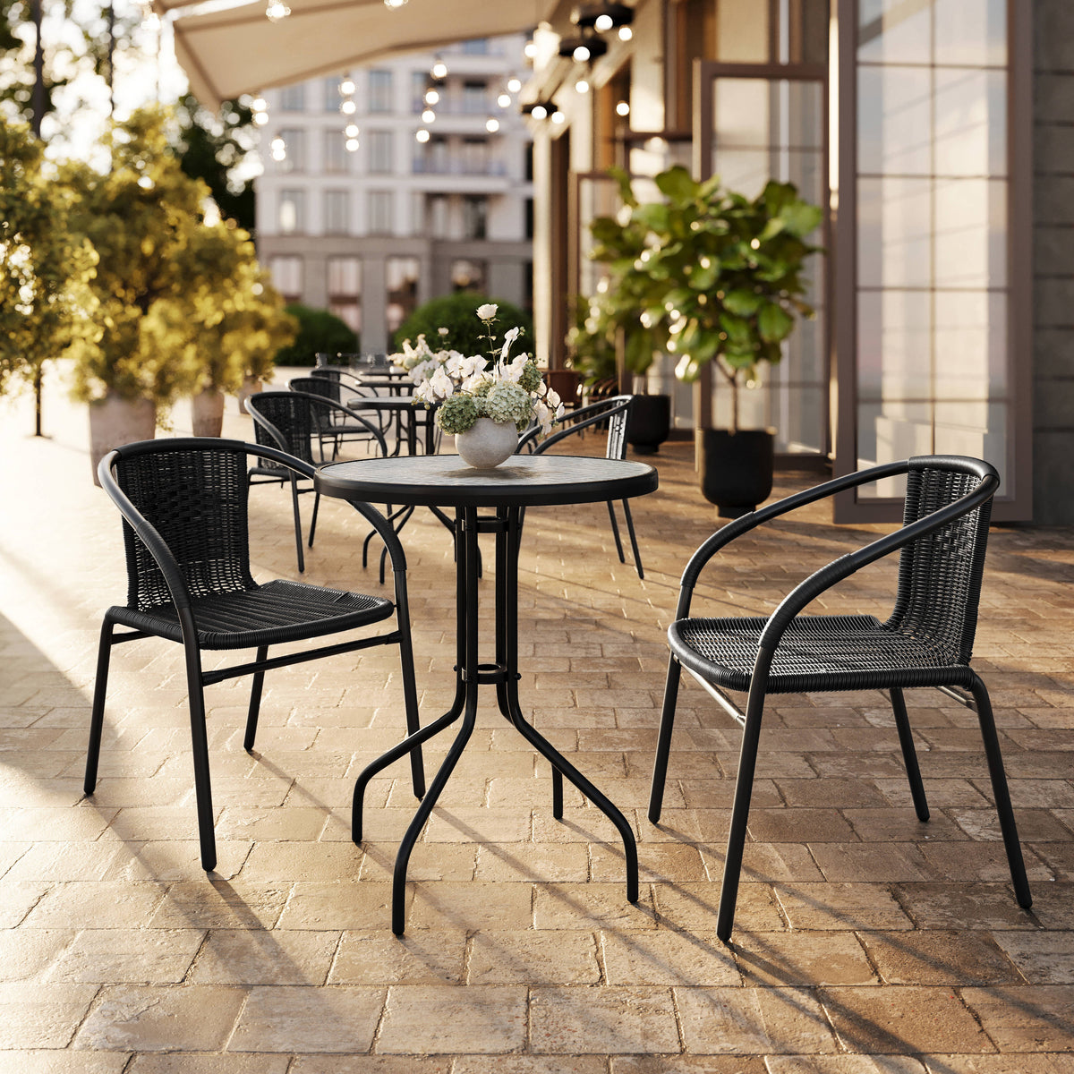 Flash Furniture TLH-071RD-037BK2-GG 23.75" Round Glass Metal Table with 2 Black Rattan Stack Chairs - View 2