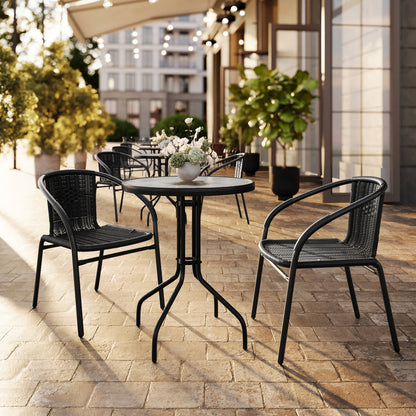 Flash Furniture TLH-071RD-037BK2-GG 23.75" Round Glass Metal Table with 2 Black Rattan Stack Chairs - View 2