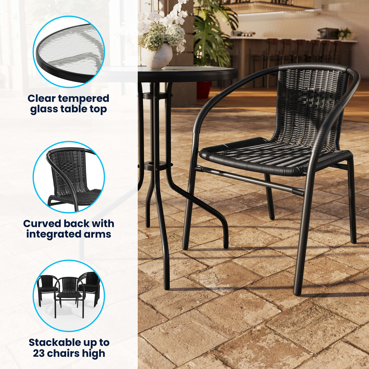 Flash Furniture TLH-071RD-037BK2-GG 23.75" Round Glass Metal Table with 2 Black Rattan Stack Chairs - View 3