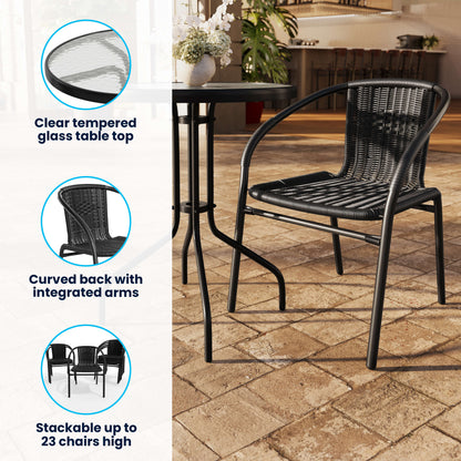 Flash Furniture TLH-071RD-037BK2-GG 23.75" Round Glass Metal Table with 2 Black Rattan Stack Chairs - View 3
