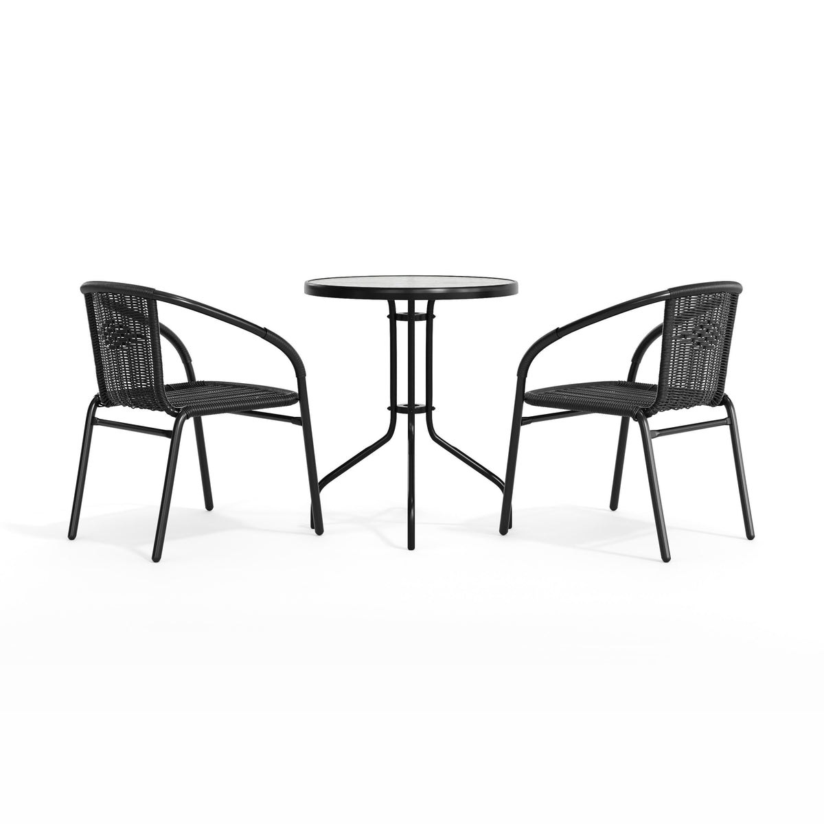 Flash Furniture TLH-071RD-037BK2-GG 23.75" Round Glass Metal Table with 2 Black Rattan Stack Chairs - View 9