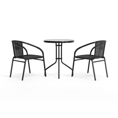 Flash Furniture TLH-071RD-037BK2-GG 23.75" Round Glass Metal Table with 2 Black Rattan Stack Chairs - View 9
