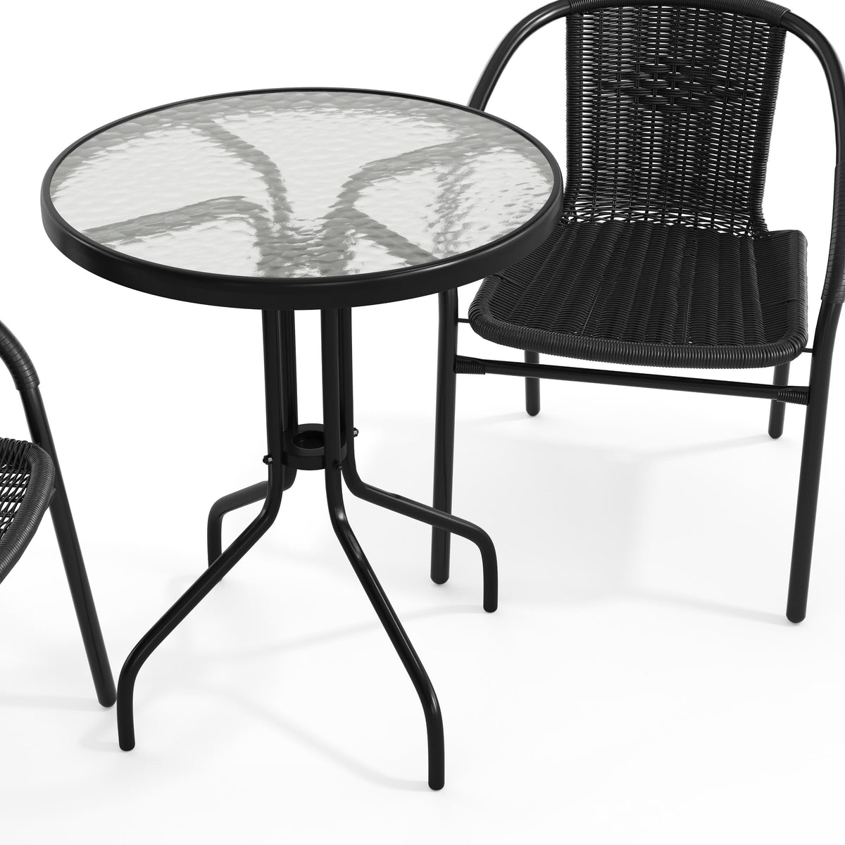 Flash Furniture TLH-071RD-037BK2-GG 23.75" Round Glass Metal Table with 2 Black Rattan Stack Chairs - View 10
