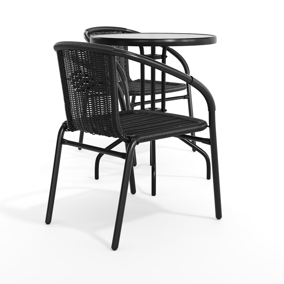 Flash Furniture TLH-071RD-037BK2-GG 23.75" Round Glass Metal Table with 2 Black Rattan Stack Chairs - View 11