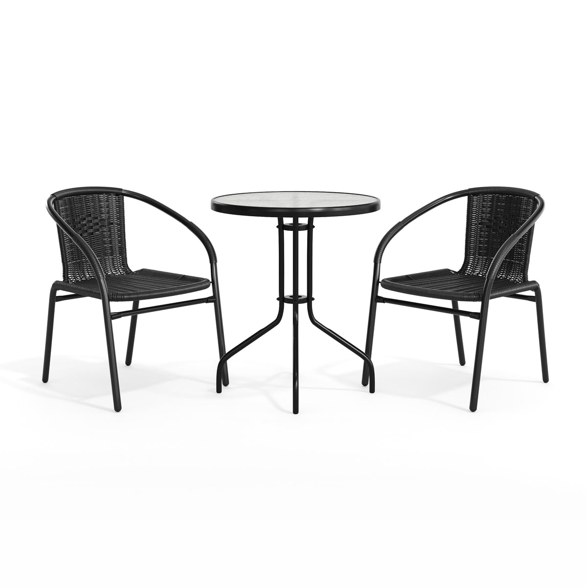 Flash Furniture TLH-071RD-037BK2-GG 23.75" Round Glass Metal Table with 2 Black Rattan Stack Chairs - View 12