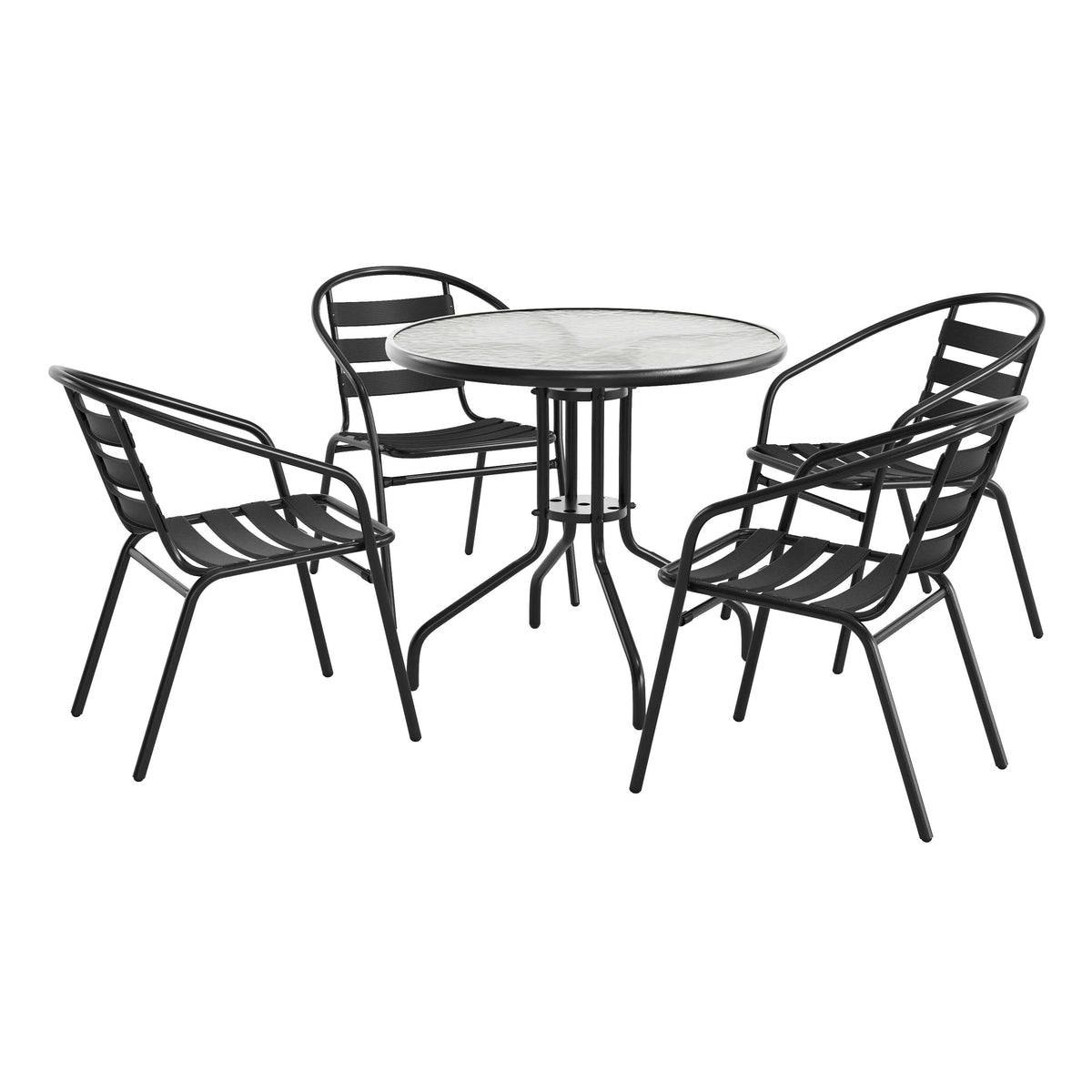 Flash Furniture TLH-072RD-017CBK4-GG 31.5" Round Glass Metal Table with 4 Black Metal Aluminum Slat Stack Chairs - Main view