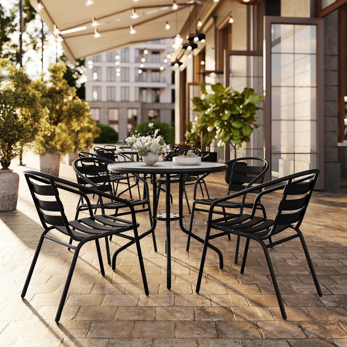 Flash Furniture TLH-072RD-017CBK4-GG 31.5" Round Glass Metal Table with 4 Black Metal Aluminum Slat Stack Chairs - View 2