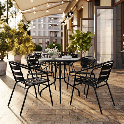 Flash Furniture TLH-072RD-017CBK4-GG 31.5" Round Glass Metal Table with 4 Black Metal Aluminum Slat Stack Chairs - View 2