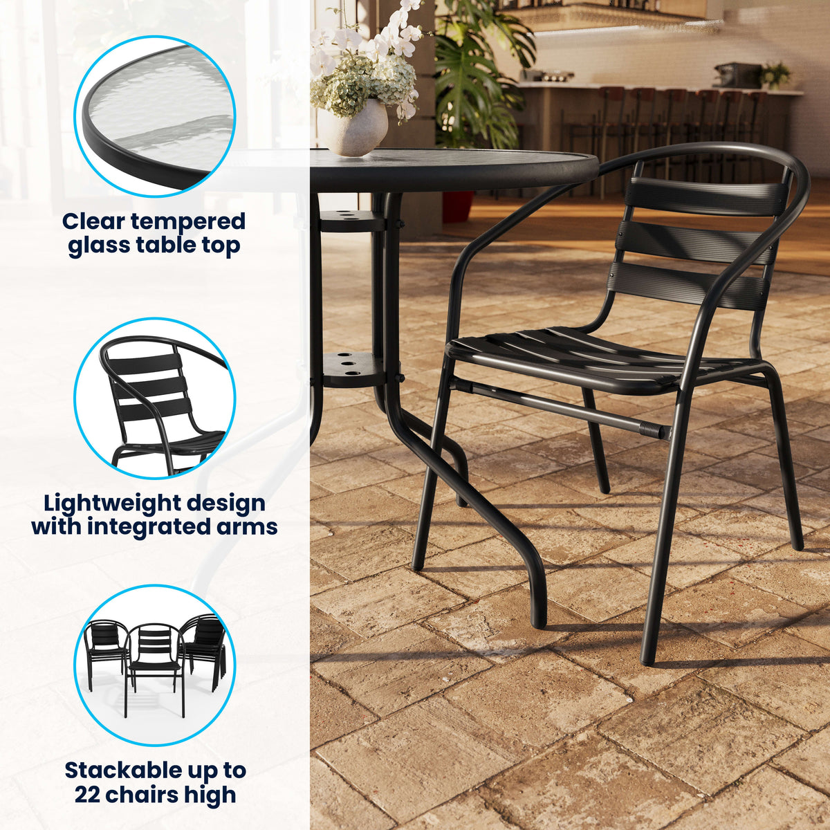 Flash Furniture TLH-072RD-017CBK4-GG 31.5" Round Glass Metal Table with 4 Black Metal Aluminum Slat Stack Chairs - View 3