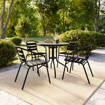 Flash Furniture TLH-072RD-017CBK4-GG 31.5" Round Glass Metal Table with 4 Black Metal Aluminum Slat Stack Chairs - View 8