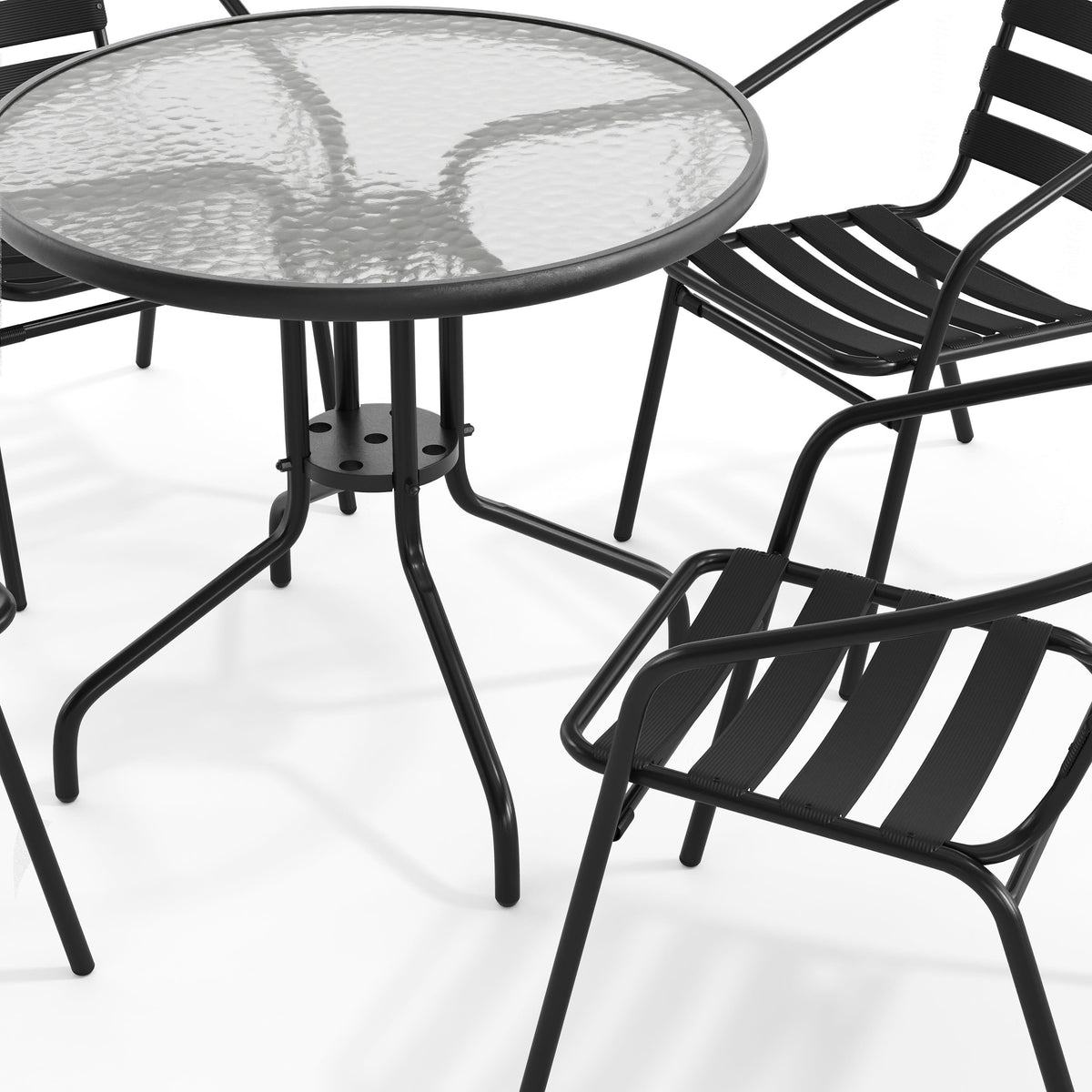 Flash Furniture TLH-072RD-017CBK4-GG 31.5" Round Glass Metal Table with 4 Black Metal Aluminum Slat Stack Chairs - View 10