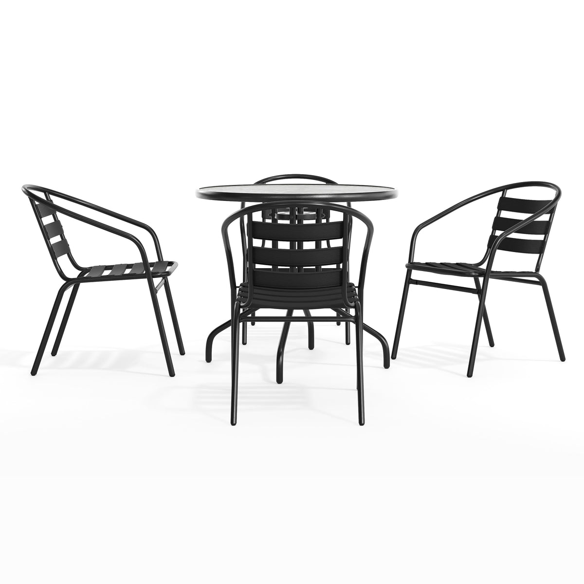 Flash Furniture TLH-072RD-017CBK4-GG 31.5" Round Glass Metal Table with 4 Black Metal Aluminum Slat Stack Chairs - View 11