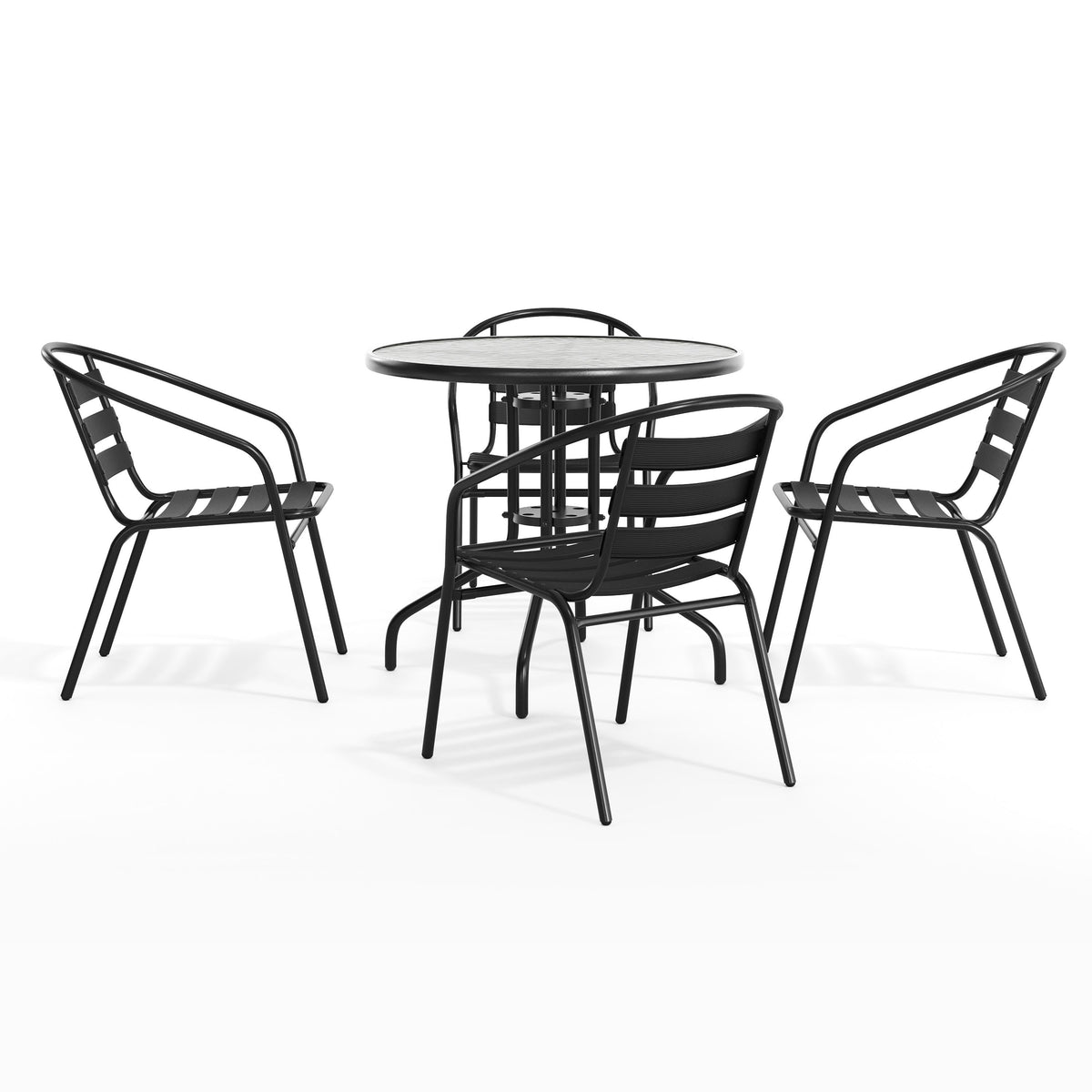Flash Furniture TLH-072RD-017CBK4-GG 31.5" Round Glass Metal Table with 4 Black Metal Aluminum Slat Stack Chairs - View 12