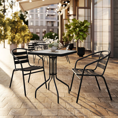 Flash Furniture TLH-0731SQ-017CBK2-GG 23.5" Square Glass Metal Table with 2 Black Metal Aluminum Slat Stack Chairs - View 2