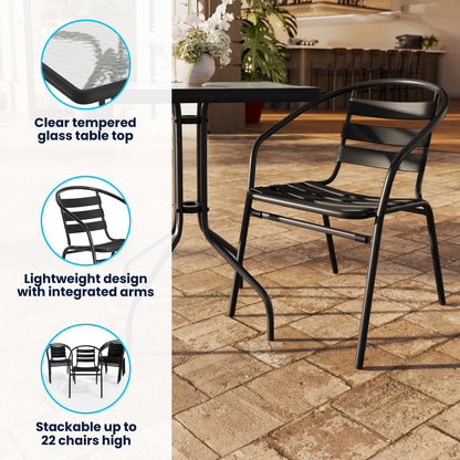 Flash Furniture TLH-0731SQ-017CBK2-GG 23.5" Square Glass Metal Table with 2 Black Metal Aluminum Slat Stack Chairs - View 3