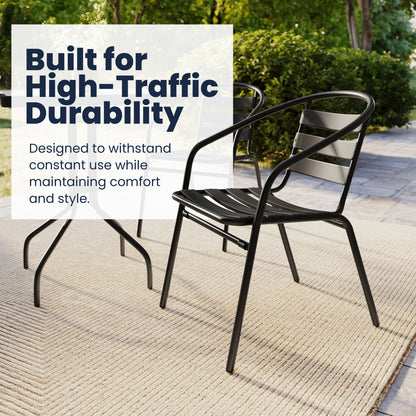 Flash Furniture TLH-0731SQ-017CBK2-GG 23.5" Square Glass Metal Table with 2 Black Metal Aluminum Slat Stack Chairs - View 4