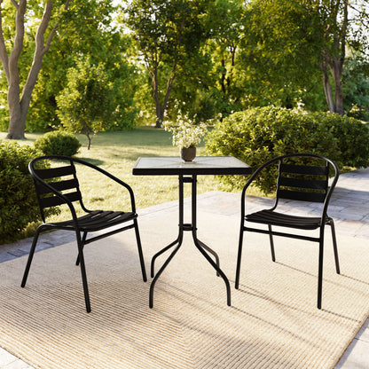 Flash Furniture TLH-0731SQ-017CBK2-GG 23.5" Square Glass Metal Table with 2 Black Metal Aluminum Slat Stack Chairs - View 8