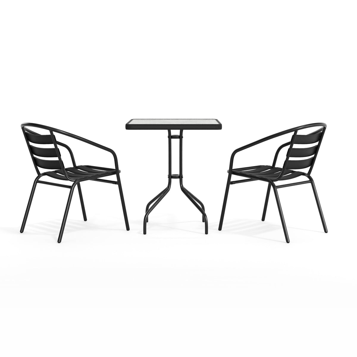 Flash Furniture TLH-0731SQ-017CBK2-GG 23.5" Square Glass Metal Table with 2 Black Metal Aluminum Slat Stack Chairs - View 9